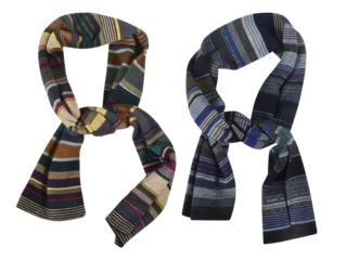 Stylish wool striped scarf for winter isolated on white background.