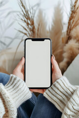Potrait close up of a woman using a blank screen phone, Mockup template blank