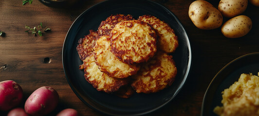 A plate of mouthwatering potato pancakes, perfectly golden and fluffy, with an appealing texture