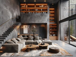 Modern Small Living Room with Double Height Space and Dining Area