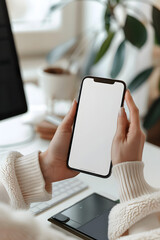 Potrait close up of a woman using a blank screen phone, Mockup template blank