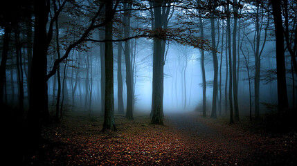 Obraz premium Mysterious dark forest shrouded in fog with towering trees and a winding path illuminated by soft light