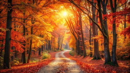 Fototapeta premium Autumnal Pathway Through a Sunlit Forest of Vibrant Red and Gold Leaves