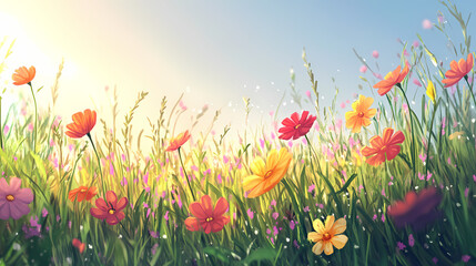 Naklejka premium Illustration of a captivating lush meadow adorned with vibrant flowers swaying in the warm sunlight under a clear sky. Halcyon. Illustration