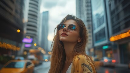 A stylish social influencer posing on a busy city street, capturing a perfect shot with skyscrapers and bustling traffic in the background.