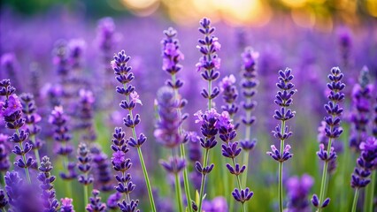 Obraz premium Purple Lavender Blossoms in a Field, Closeup, Macro, Soft Focus, Sunlight, Lavender, Flower