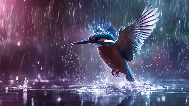 Magnificent kingfisher halcyon bird with wings spread taking flight bathing in the rain photo illustration, wildlife, animal, ai. Halcyon. Illustration