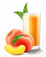 A glass of fresh peach juice or smoothie. Cup of cocktail or yogurt with ripe sweet peach fruits, isolated on transparent background. Realistic 3d vector illustration