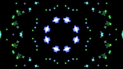 Neon Crosses Kaleidoscope: A vibrant, symmetrical pattern of glowing plus signs.