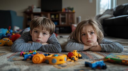 Siblings sprawled out on the living room floor, surrounded by toys and games, but with no enthusiasm to play with any of them.