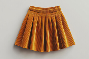 Pleated skirt in mustard yellow against blooming sunflowers in a vast field under clear blue sky on a sunny day.