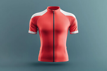 Red and white cycling jersey with a zipper, laid flat on wooden table.