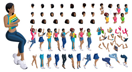 Isometric cartoon people, 3D Set for creating Black Student person. Full length gestures isolated, N3. Create your own design for vector