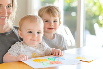 Fototapeta premium Baby rests on parents lap while older sibling showcases colorful drawing in sunny kitchen