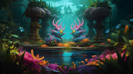 colorful bright underwater Island oflost mermaid monster seashell house interior, fish statues, octopus