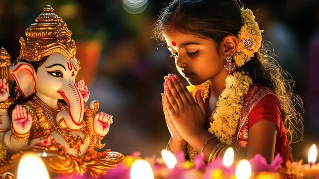 A young girl is praying in front of a ganesh idol