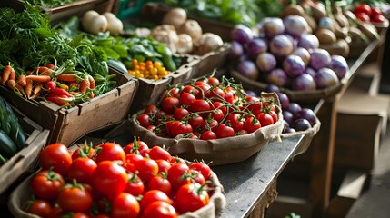 Organic Vegetables and Ripe Fruits Arranged in Wooden Crates at a Market