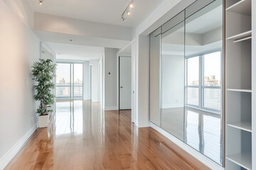 Spacious bright hallway with a minimalist design, mirrored wall, and built-in closets.