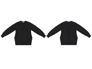 Black sweatshirt with long sleeves, front and back view, crewneck, mockup, clipping path isolated on transparent background