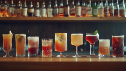 Various cocktails in different glasses are arranged neatly on a bar counter. The drinks showcase a range of colors and garnishes. A bar is blurred in the background