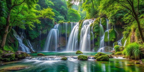 Obraz premium Serene Waterfall in Lush Green Forest, Long Exposure, Waterfalls, Nature, Tranquility