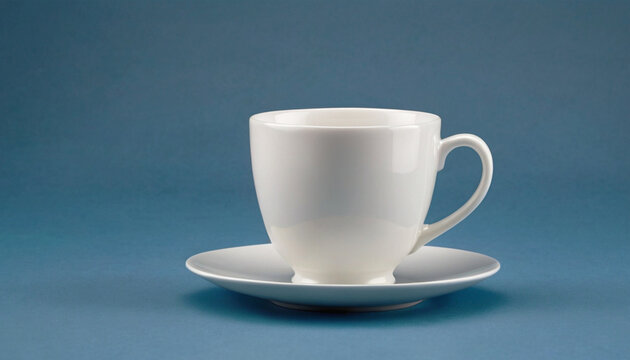 White ceramic cup and saucer on blue background. Mockup. Tableware.