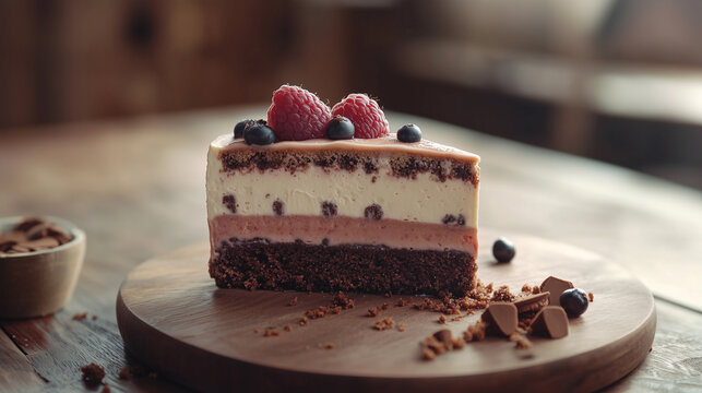 A single serving of layered cake on a round wooden board with three distinct layers of chocolate vanilla and berry with aspberries and blueberries as garnish