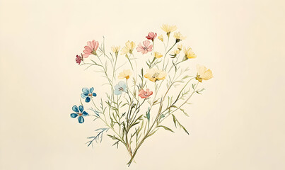 Naklejka premium A delicate watercolor illustration of various wildflowers arranged artistically.