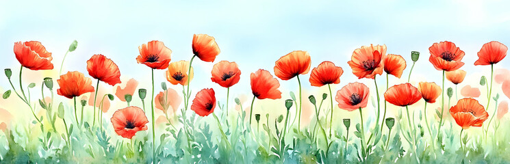 Obraz premium A vibrant watercolor depiction of a field of red poppies against a soft blue sky.