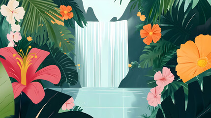A serene waterfall surrounded by lush tropical plants and vibrant flowers.