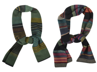 Stylish wool striped scarf for winter isolated on white background.