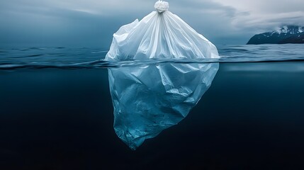 Plastic bag floating underwater in a serene, moody environment.