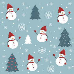 Winter Snowmen and Trees Seamless Design