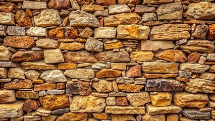 Fototapeta premium Stone Wall Texture Closeup of a Rough Stone Wall, Composition Horizontal, Image Details Rustic, natural, brown, yellow, grey