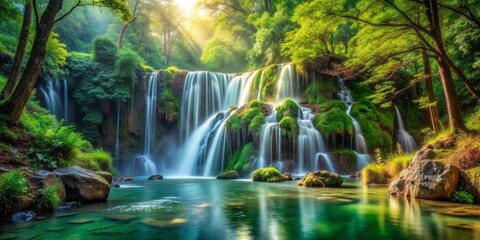 Obraz premium Sunbeams through the Forest Waterfall, Waterfall Photography, Forest Photography, Nature Photography