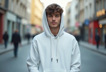 Fototapeta premium Front view of a young man wearing a blank white hooded sweatshirt with kangaroo pockets on a city street