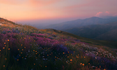 Fototapeta premium A serene landscape filled with colorful wildflowers under a soft sunset sky.