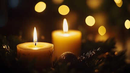 Two glowing candles surrounded by festive decor create a warm, inviting atmosphere.