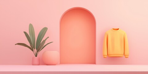 Bright and Minimalist Interior Design with Peach-Walled Background, Stylish Plant, and Vibrant Sweatshirt Hanger in Contemporary Style