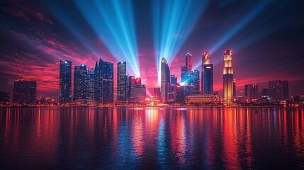 Fototapeta premium Vibrant cityscape at night with colorful lights and reflections on water