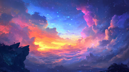 Fototapeta premium Colorful gradient sky with rainbow hues and shimmering clouds, capturing a magical, dreamlike ambiance. Halcyon. Illustration