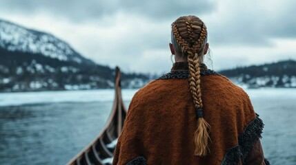 Fototapeta premium A person in traditional attire gazes across a serene landscape, embodying cultural heritage and a connection to nature.