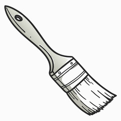 A detailed black and white illustration of a paintbrush, showcasing its bristles and handle in a classic artistic style.
