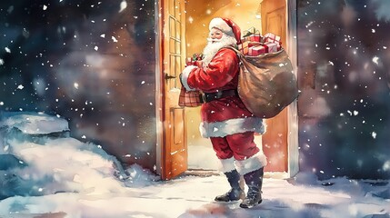 Watercolor, Santa Claus with a sack of gifts stands at the door of the house	