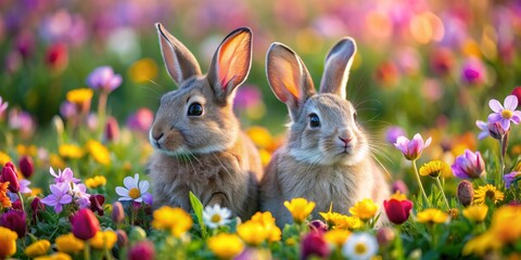 Two Cute Bunnies In A Field Of Wildflowers, Horizontal, Close-Up, Spring, Easter , Bunnies , Flowers