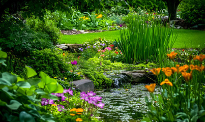 A vibrant garden scene featuring colorful flowers, lush greenery, and a tranquil stream.