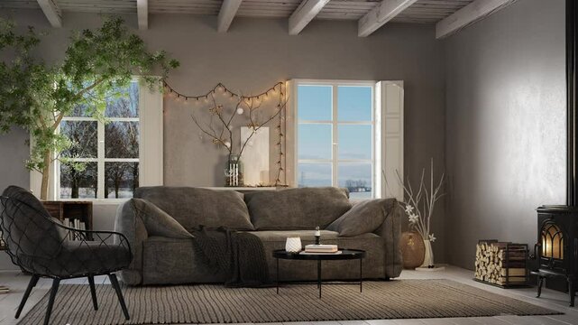 3d Render of an old renovated livingroom with wood ceiling and floor. Gray plaster walls. Gray sofa and carpet. Black armchair and wood stove. Little tree