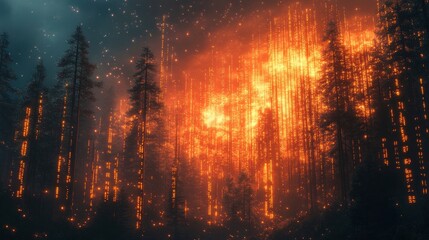 Obraz premium Digital wildfire spreading through code forest