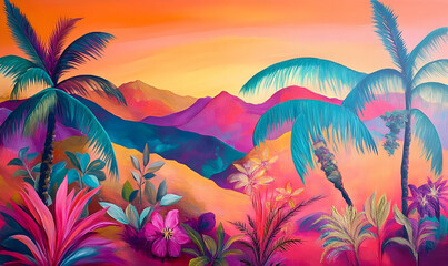 A vibrant tropical landscape with palm trees and colorful flora against a sunset backdrop.