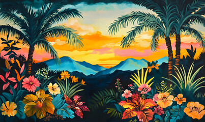 A vibrant tropical landscape featuring palm trees and colorful flowers against a sunset backdrop.
